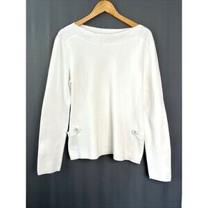 Vintage Talbots Boat Neck Cotton Sweater Large White Side Button Ribbed Nautical